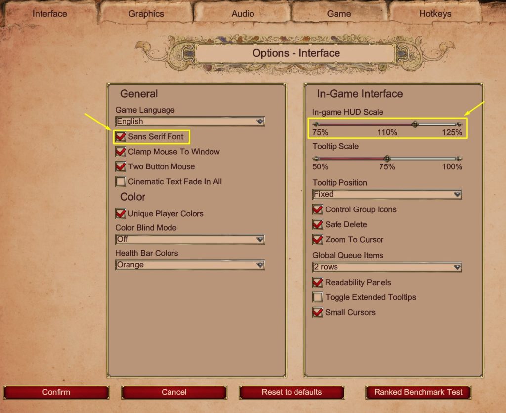 Interface settings for AoE2 De