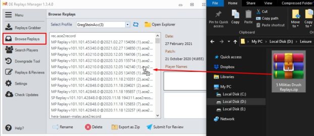 drag replays pack zip into the browse replays window